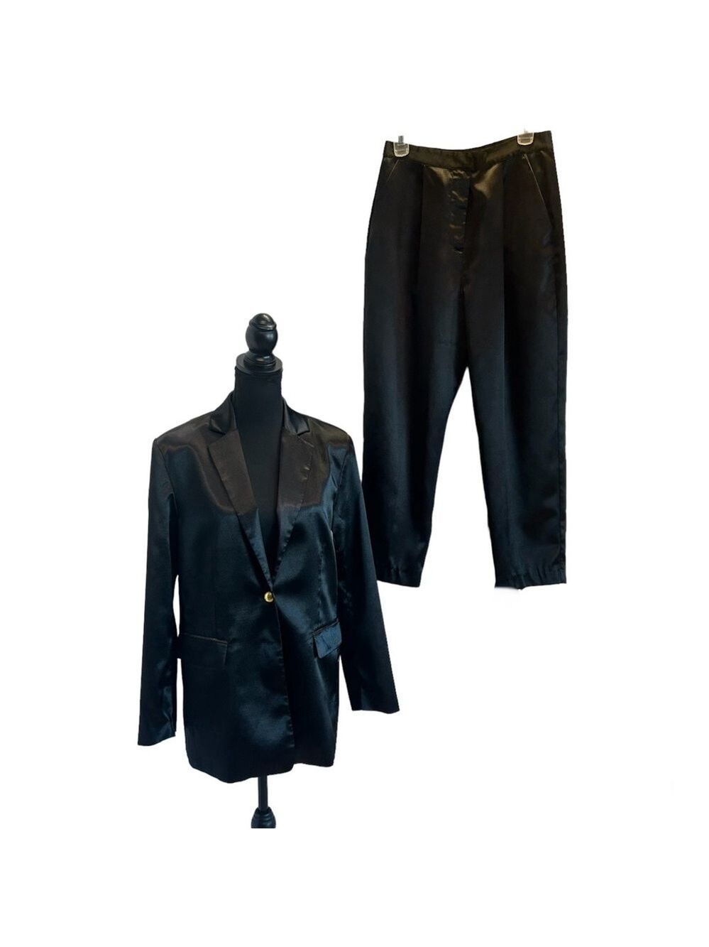 French Connection black adaline satin blazer trouser ankle pant suit set NWT